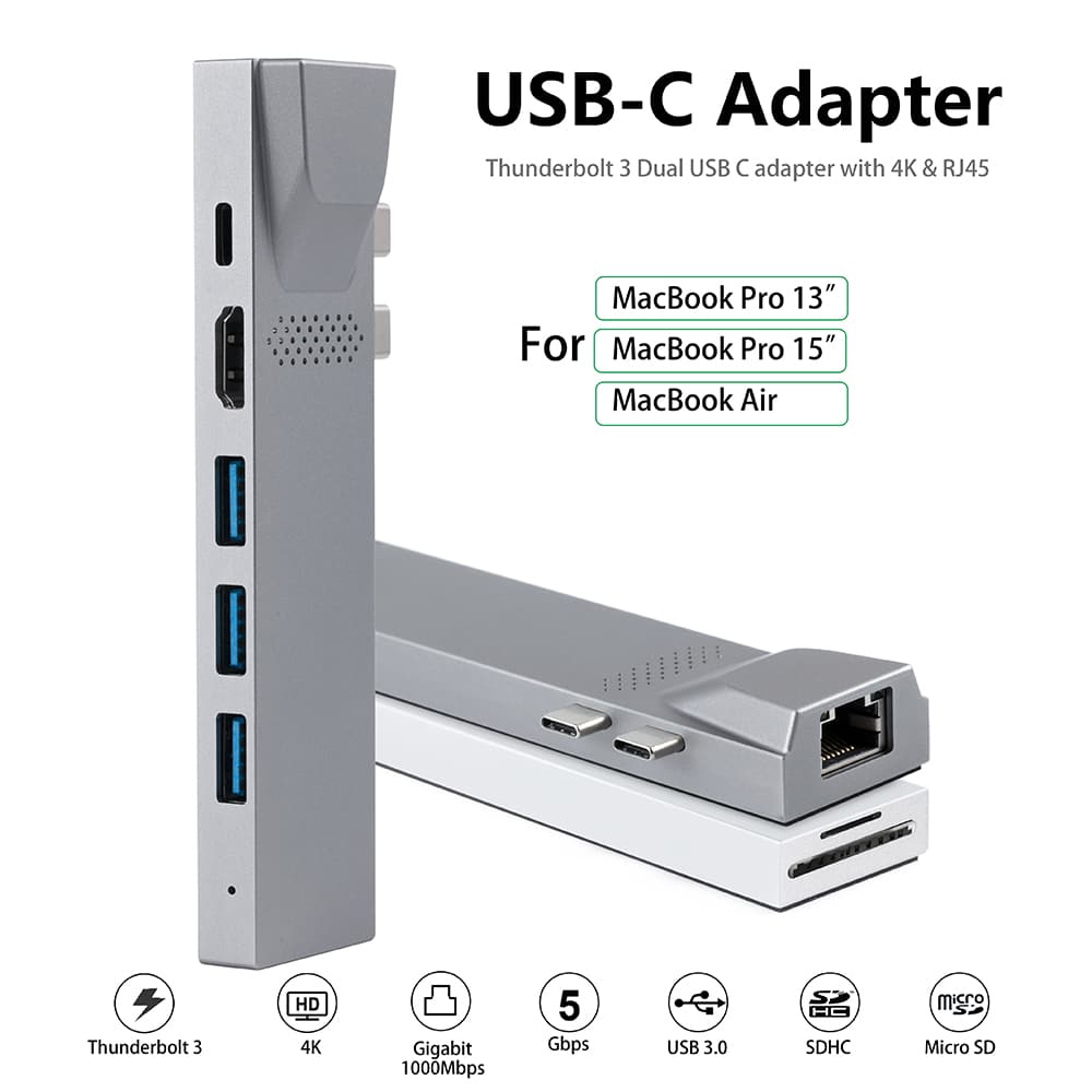 MZTC0168,8 in 1 Thunderbolt HUB to 1x 4K HDMI+ 1x Thunderbolt3+ 1x 1000Mbps lan+ 1x SD/TF+ 3xUSB3.0