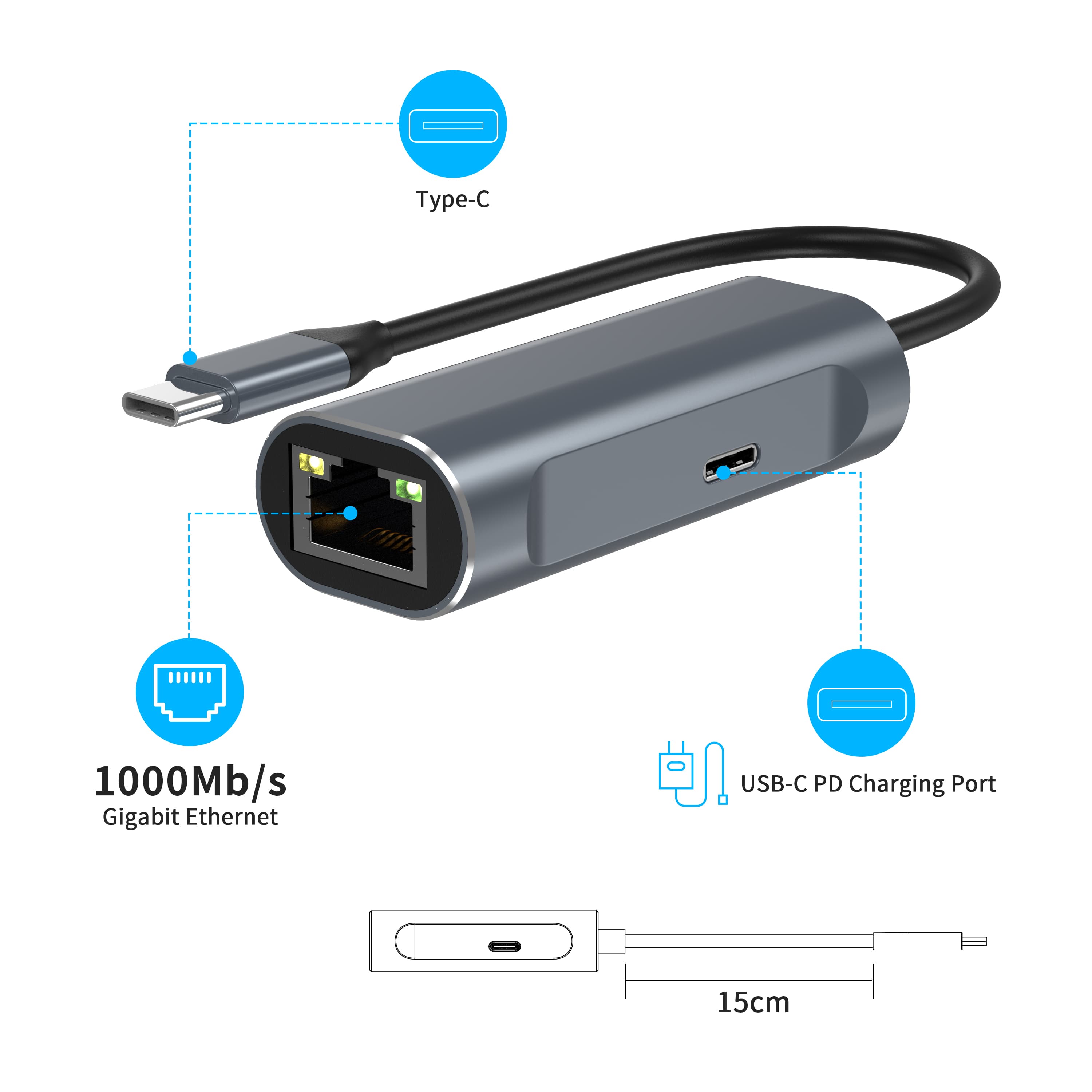 MZTC9822S,Aluminum Alloy USB-C to 1000Mbps lan + USB-C 100W PD adapter
