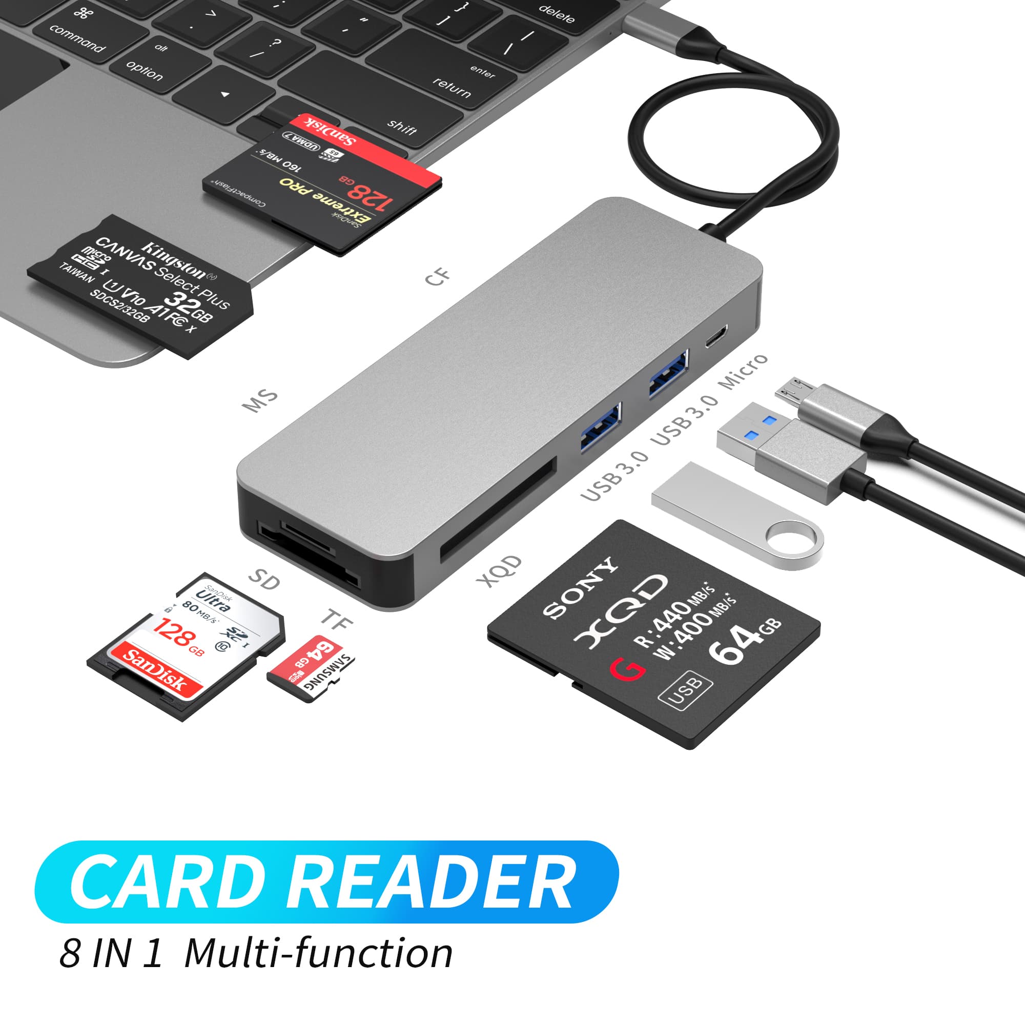 MZTC823, 8 in 1 USB-C to 2xUSB3.0(5Gbps)+1x Micro USB powered port(5V3A)+ XQD/MS/CF/SD/TF card reader Private Mold