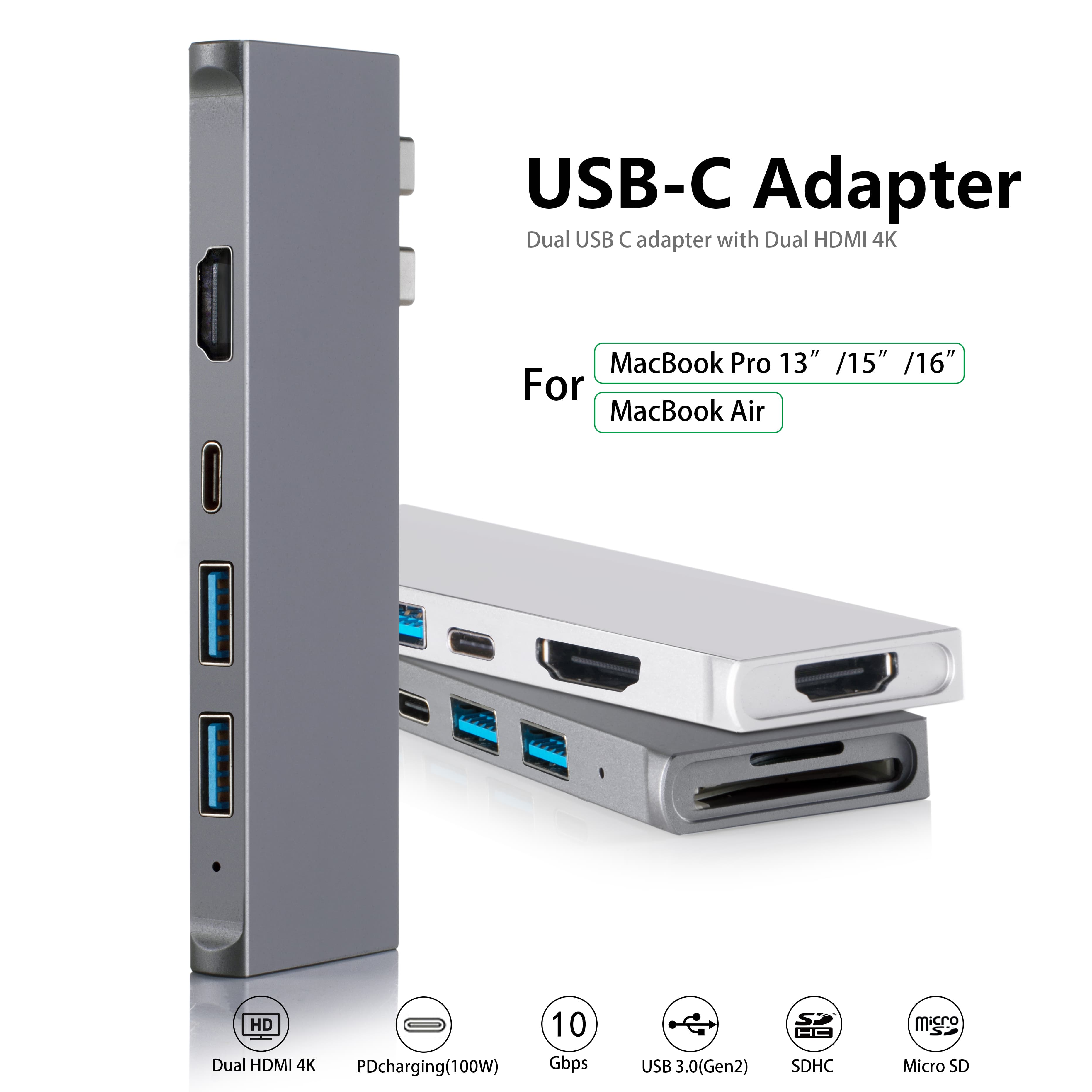 MZTC0150S,7 in 1 Thunderbolt HUB to 2x 4K HDMI+ 1x USB-C 100W PD+1x SD/TF +2x USB3.1 GEN2 -10Gbps