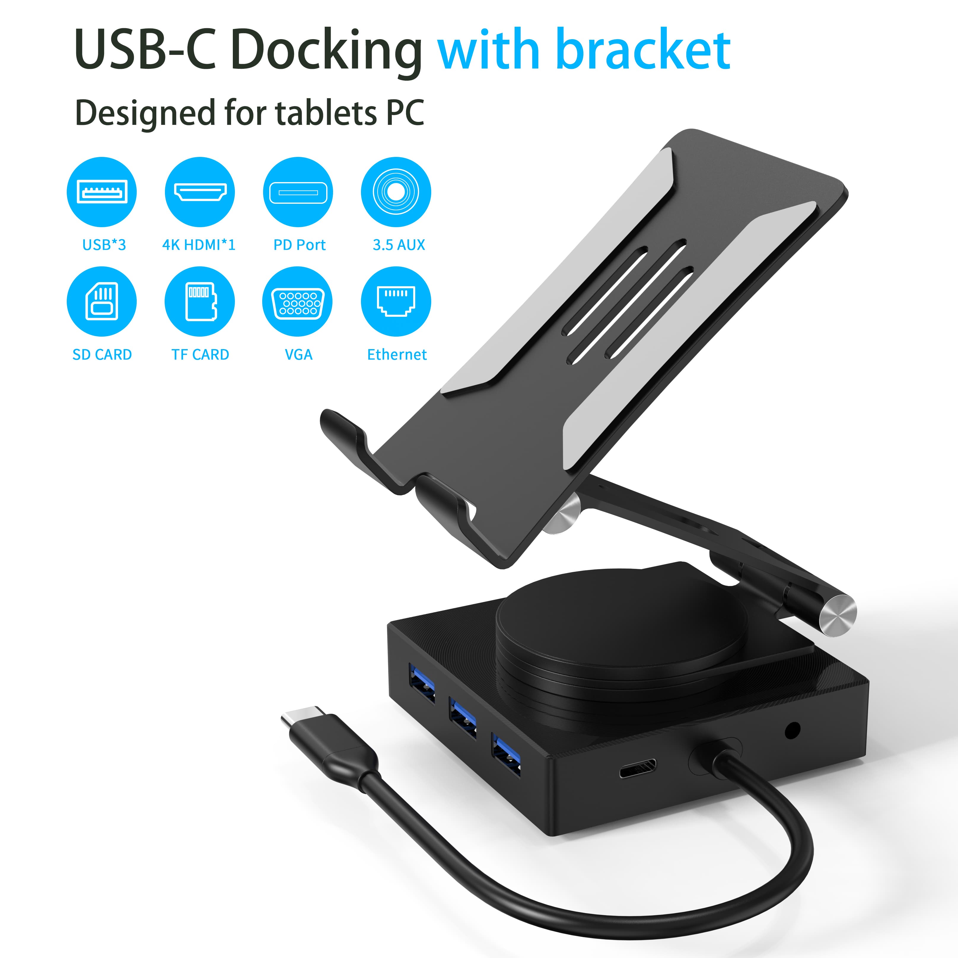 MZTC0160Z, 10 in 1USB-C hub with bracket docking station to 1x 4K HDMI+ 1xVGA +1x USB-C PD 100W+ 1x 1000Mbps lan+ 1 xSD/TF+3xUSB3.0+ 1x 3.5mm audio ,Private Model