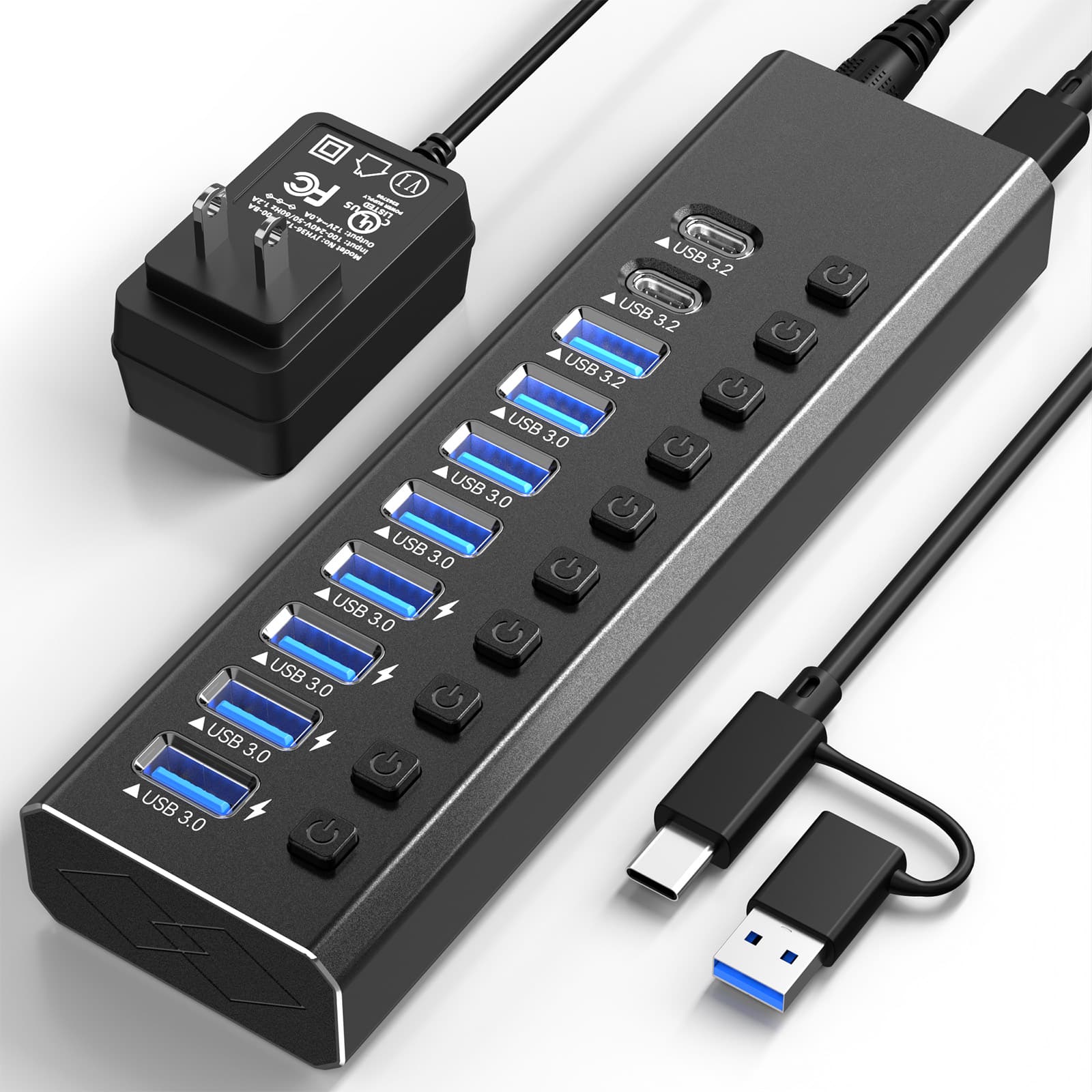 10Gbps USB3.2 Gen2 10 ports powered USB Hub with fast charge 12W2.4A ON/OFF individual power button MZCKU10217B