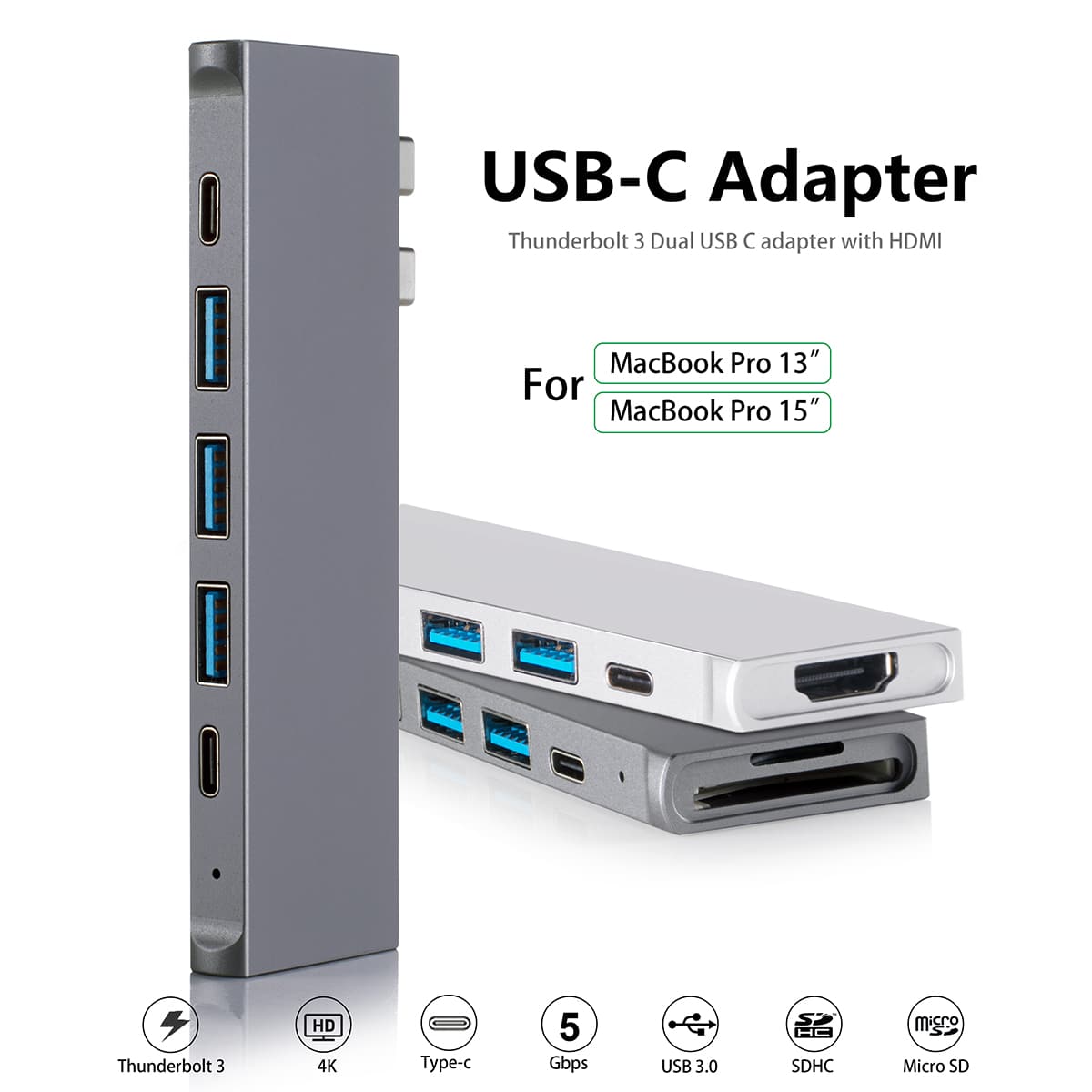 MZTC0150B 8 in 1 Thunderbolt HUB to 1x 4K HDMI+ 1x Thunderbolt 3+ 1x USB-C data +1x SD/TF +3x USB3.0