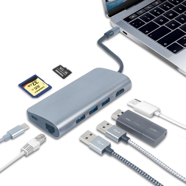 MZTC0101, 8 in 1 USB-C to 3x USB3.0(5Gbps)+4K HDMI(4K@30Hz)+1000Mbps Lan + USB-C PD with data port+ SD/TF, Private Mold